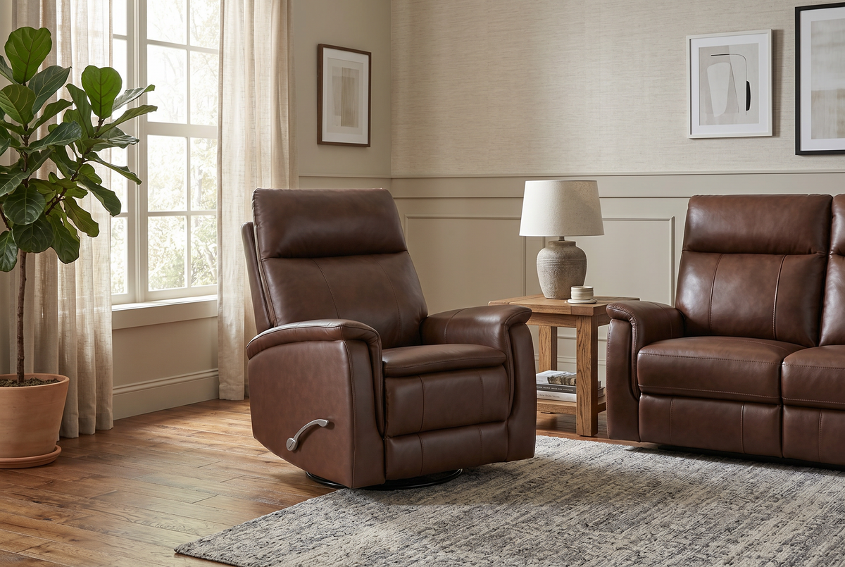 Brown manual recliner with cushioned arms, headrest, and adjustable footrest