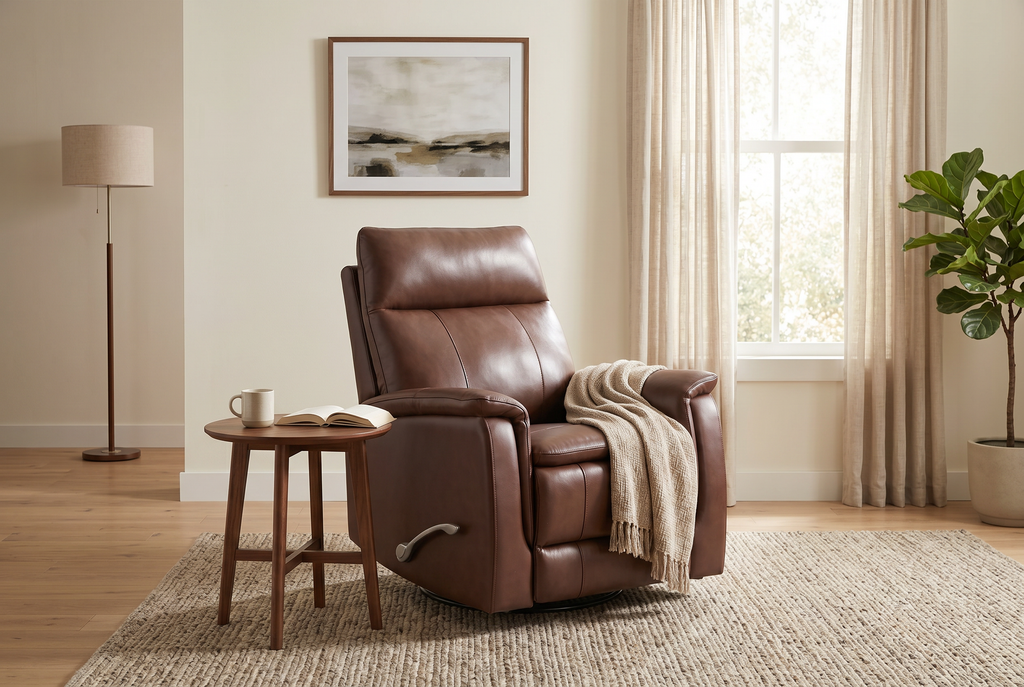Brown manual recliner angled view with padded headrest and open footrest