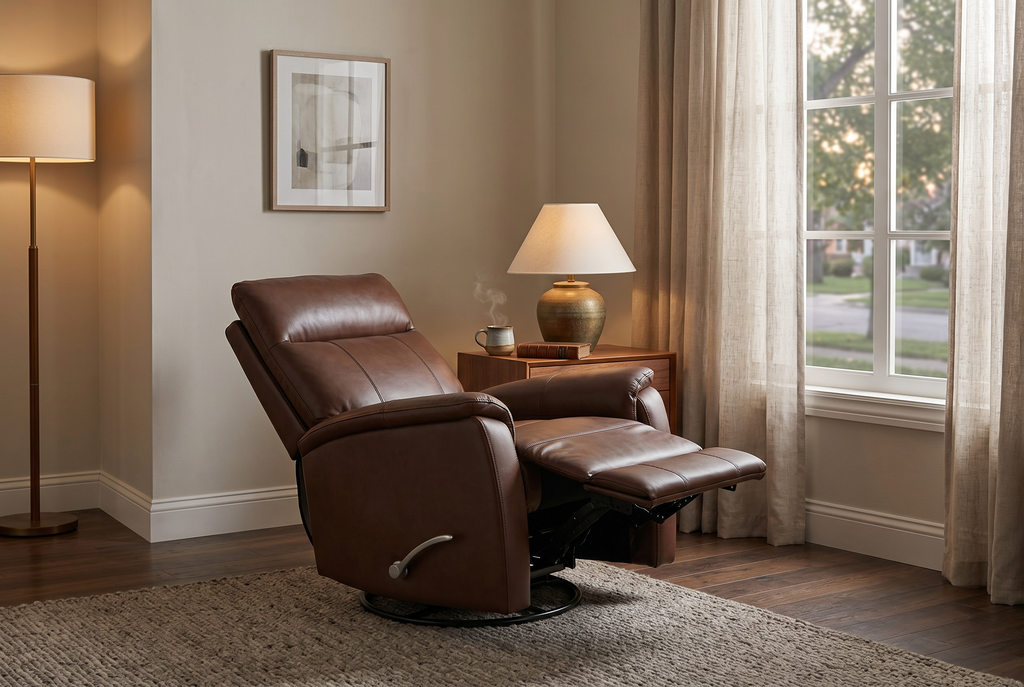 Brown manual recliner side view with round arm detail and open footrest