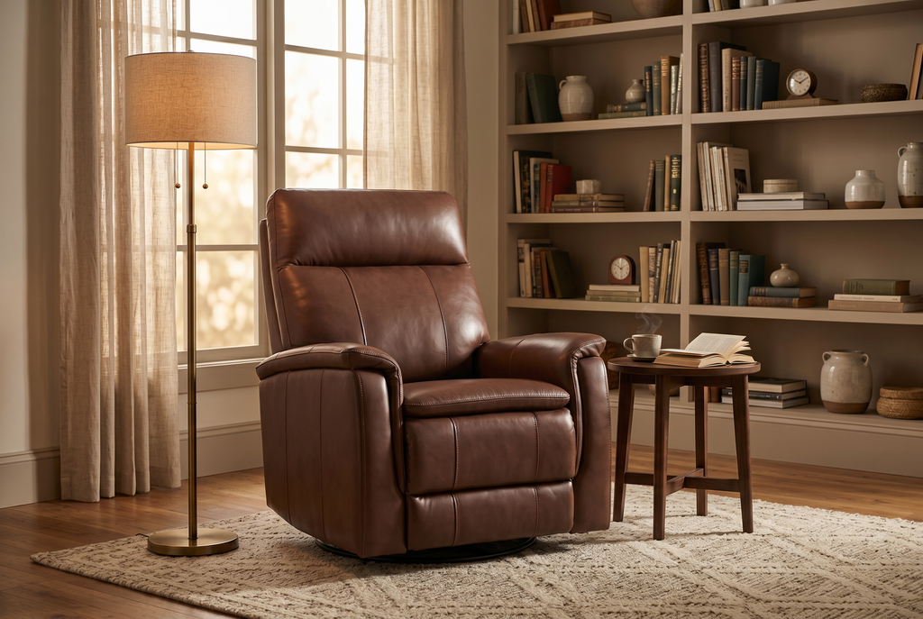 Brown manual recliner close side view with padded back and armrests