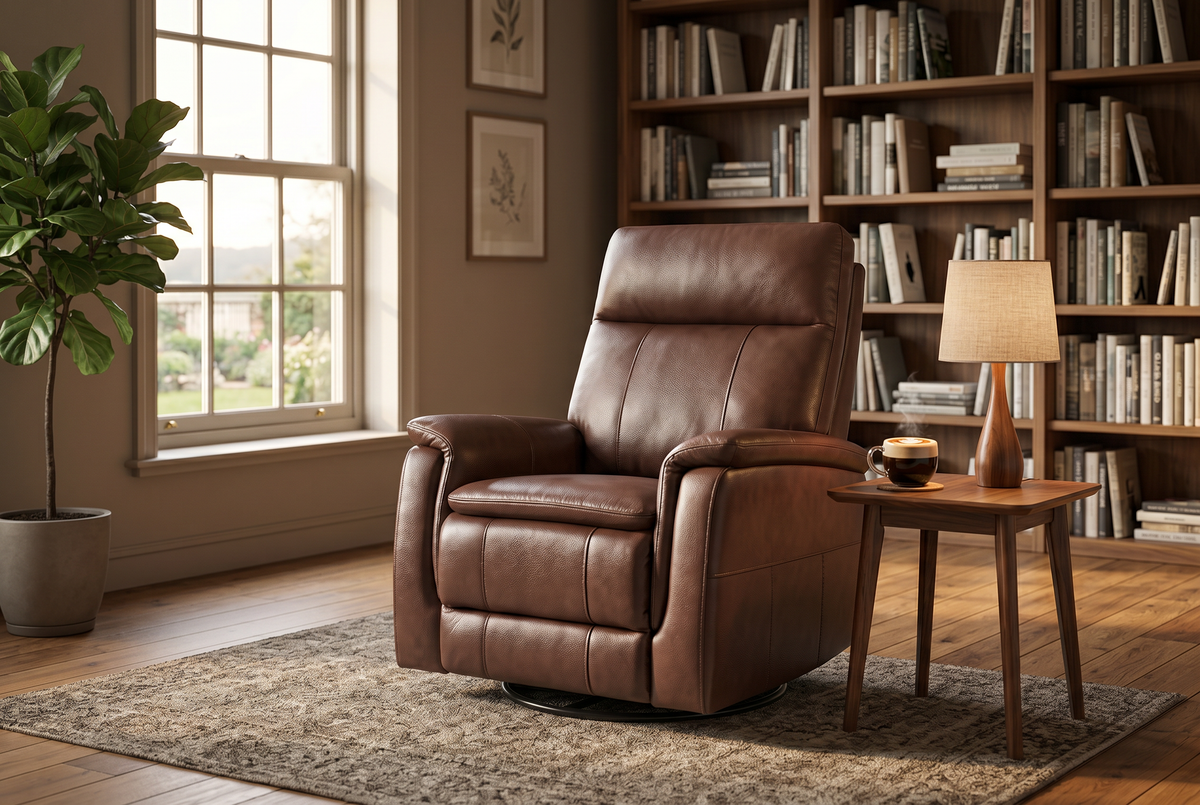Brown manual recliner front three-quarter view with headrest and reclined seat