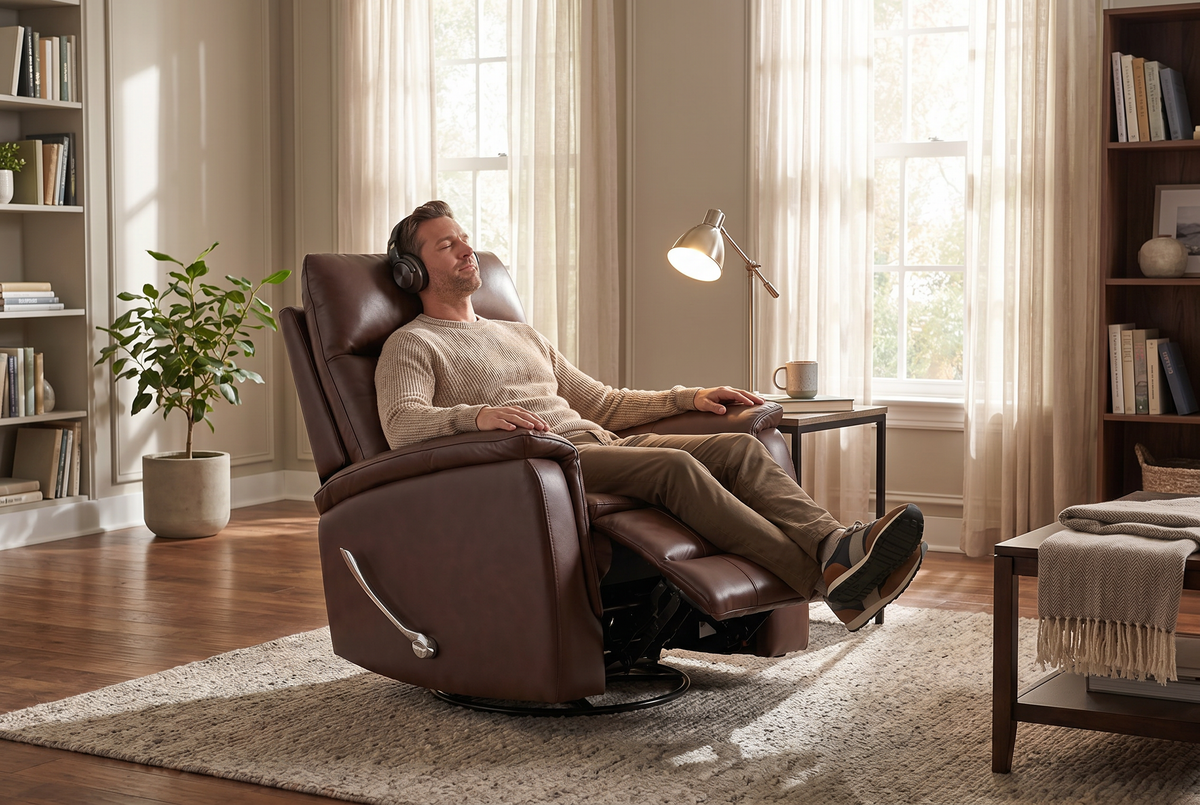 Brown manual recliner used by person, showing reclined position and footrest