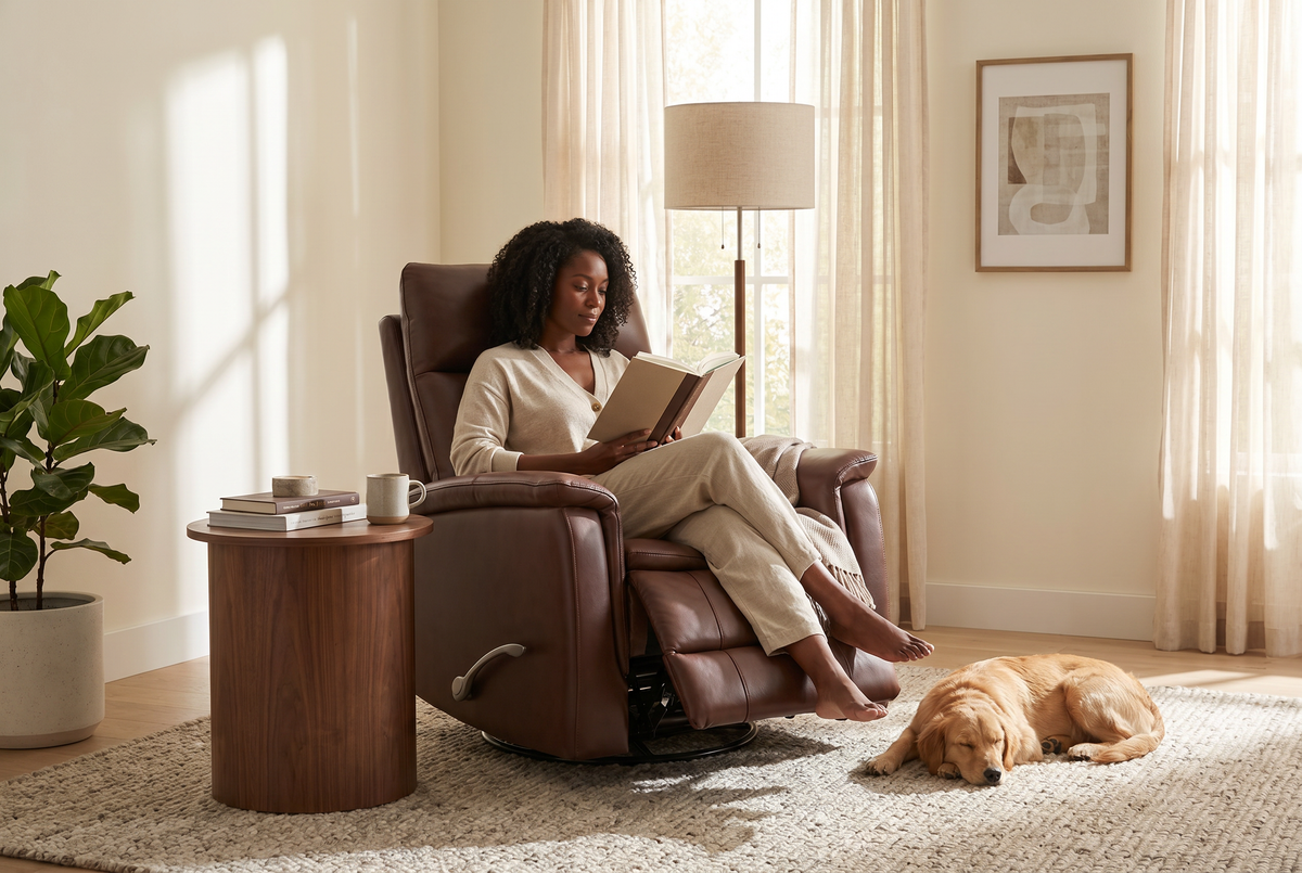 Brown upholstered manual recliner chair with lever and extended footrest