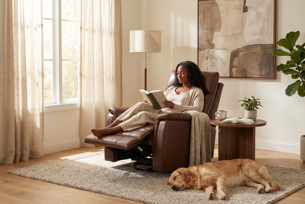 Brown manual recliner with padded armrests and footrest extended