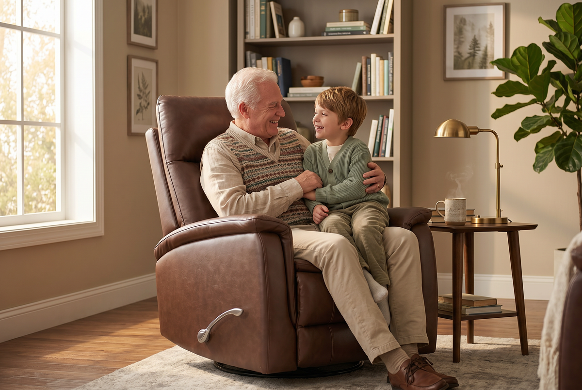 Brown manual recliner chair with curved back and visible side control lever