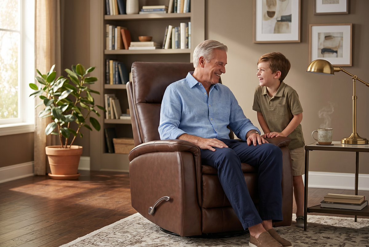 Brown upholstered manual recliner with side lever and tufted seat back