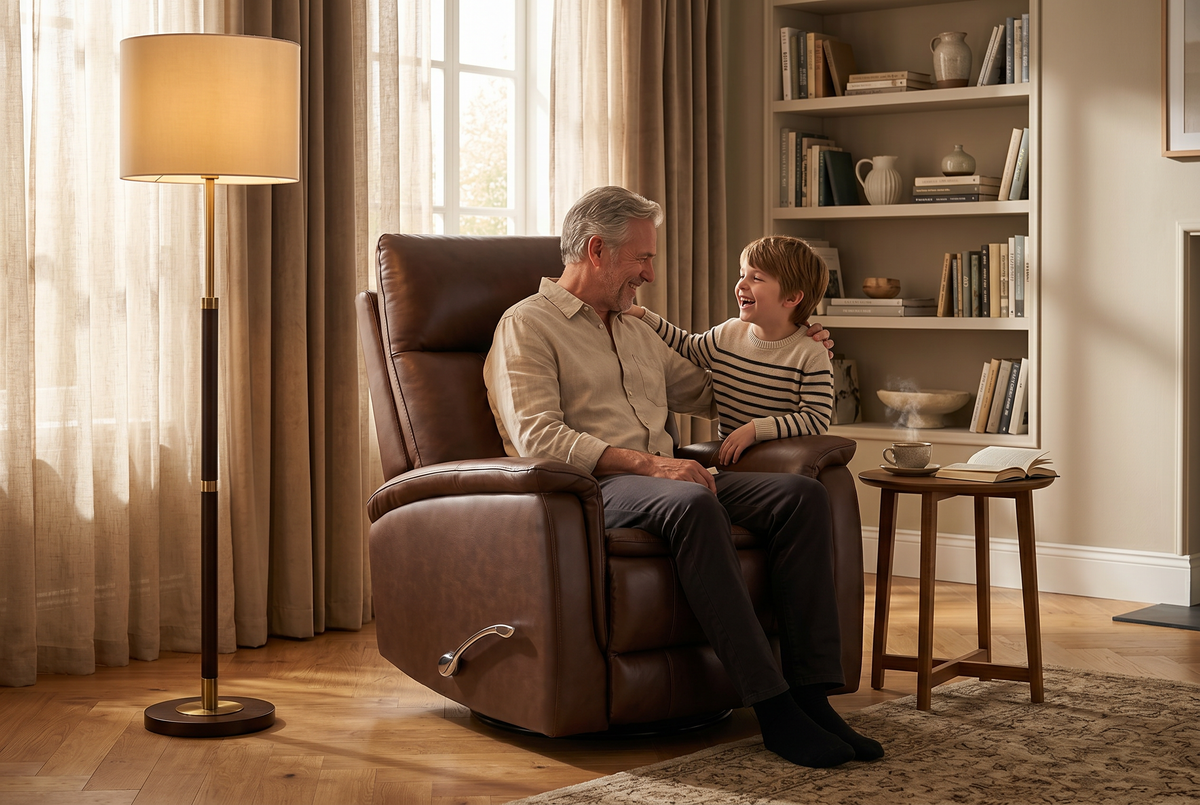 Brown manual recliner with extended ottoman base and armchair cushioning
