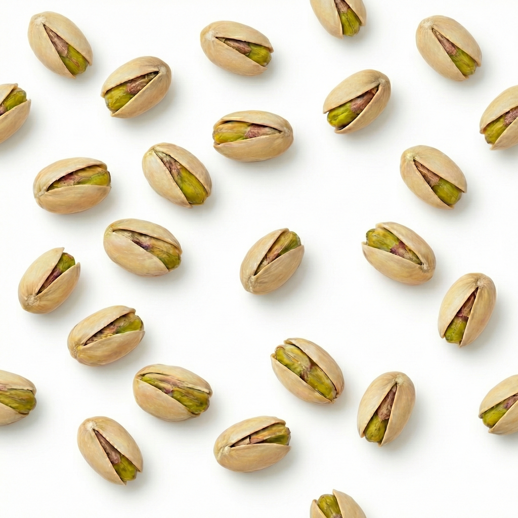 Roasted salted pistachios scattered in half shells, green kernels visible