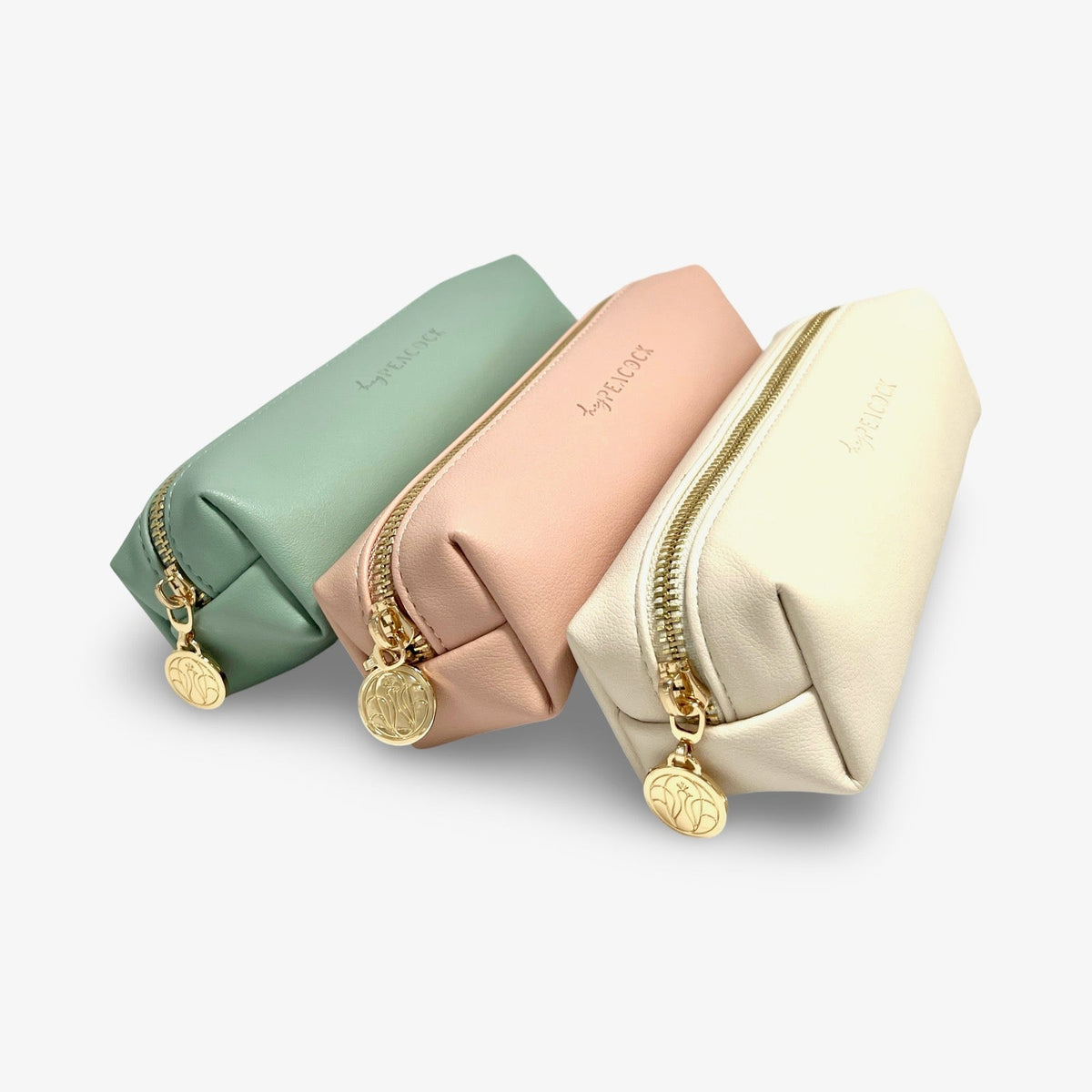 HeyPeacock pencil pouch set: cream, blush pink, soft jade, gold zipper