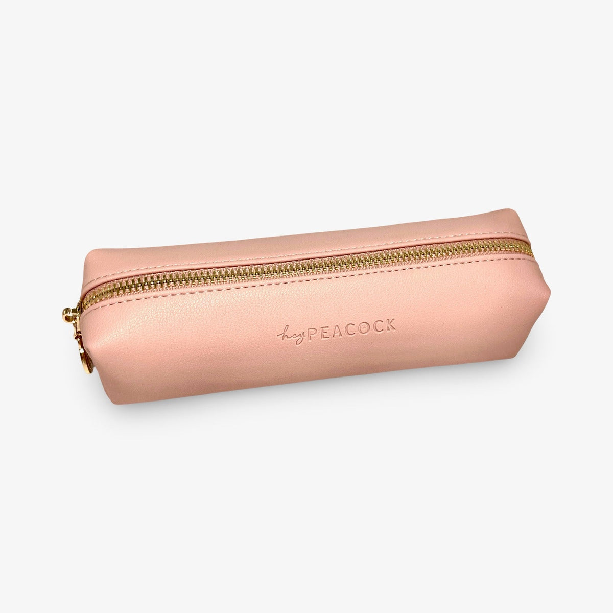Blush pink HeyPeacock faux leather pencil pouch with gold zipper and front logo