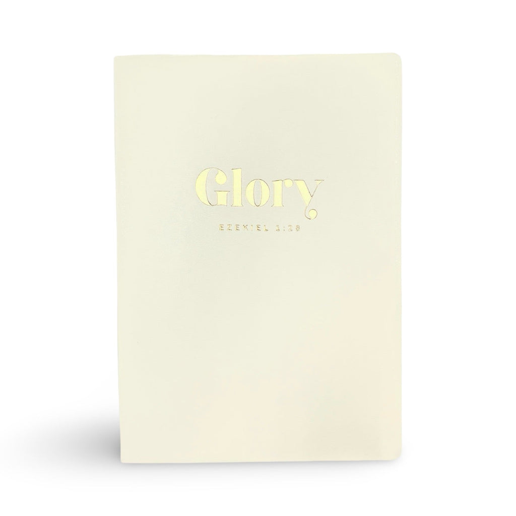 Cream soft leather journal with gold 'Glory' logo on front cover