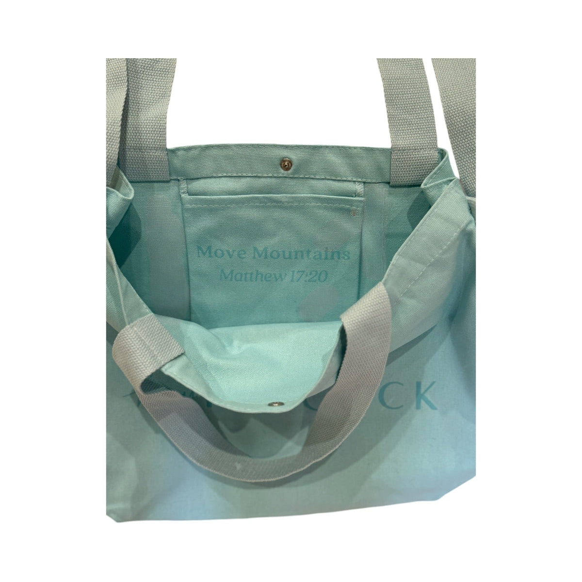 Aqua canvas tote bag open top with interior pocket and logo print