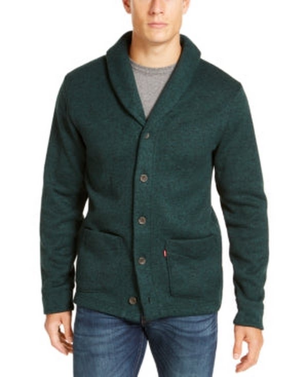 Men's shawl-collar sweater in dark teal knit with button front and side pockets