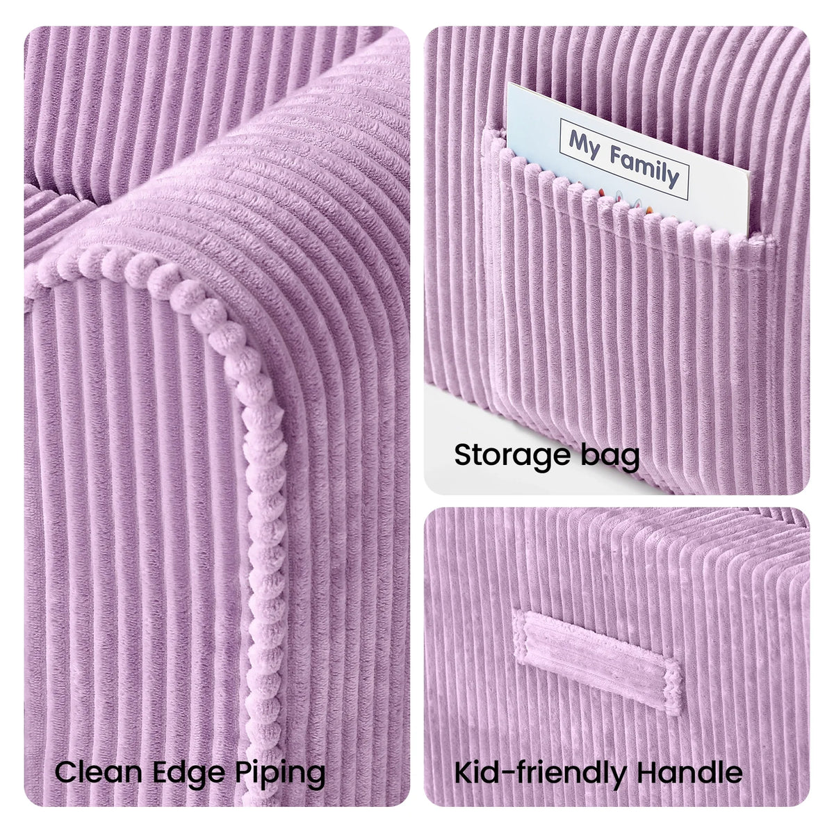 Purple corduroy kids sofa features clean edge piping, storage bag, and kid-friendly handle