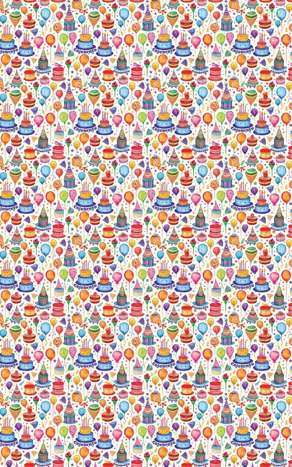 Close-up of colorful cake, cupcake, and balloon wrapping paper pattern