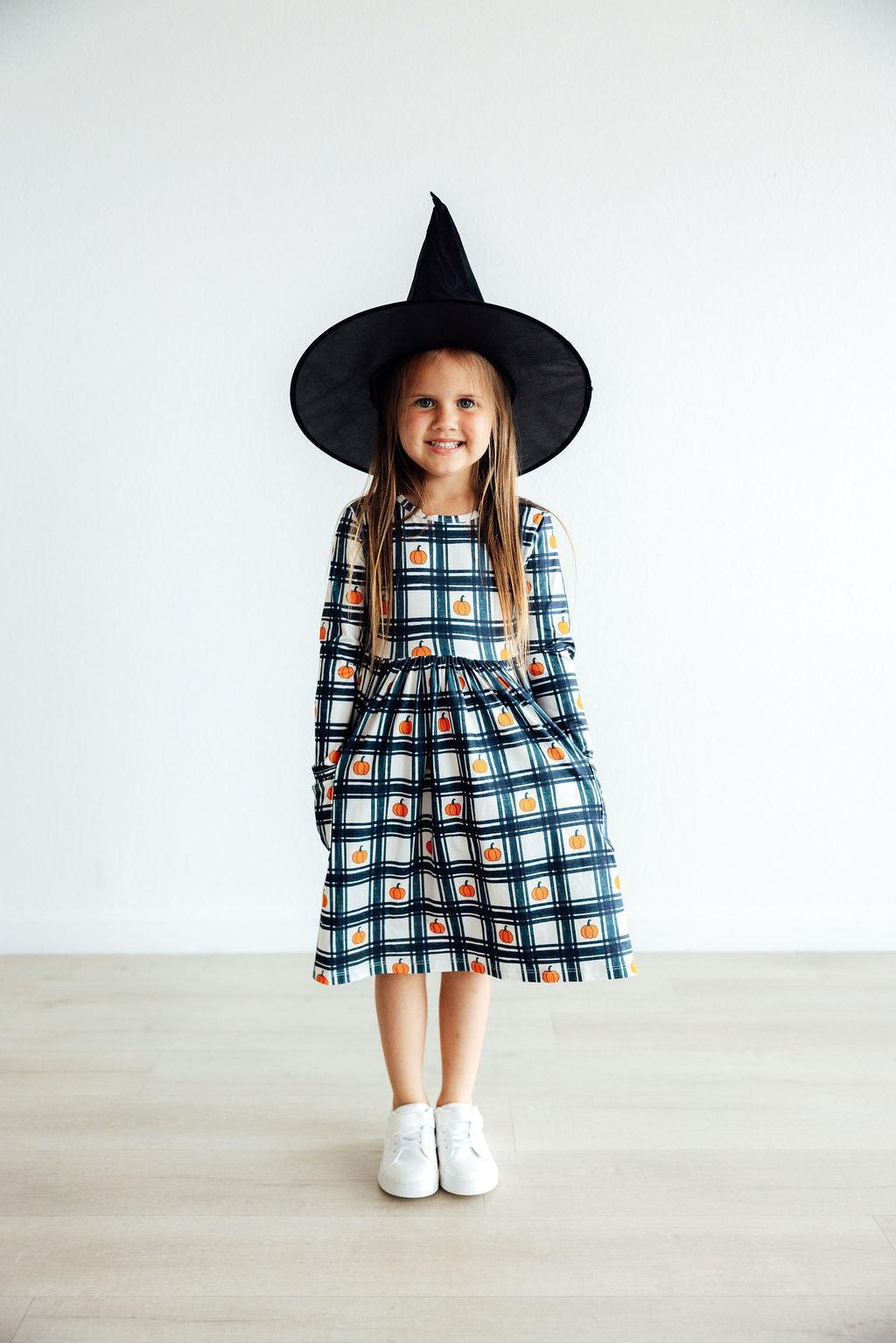 Girls plaid pumpkin long-sleeve twirl dress with front pocket and flared skirt