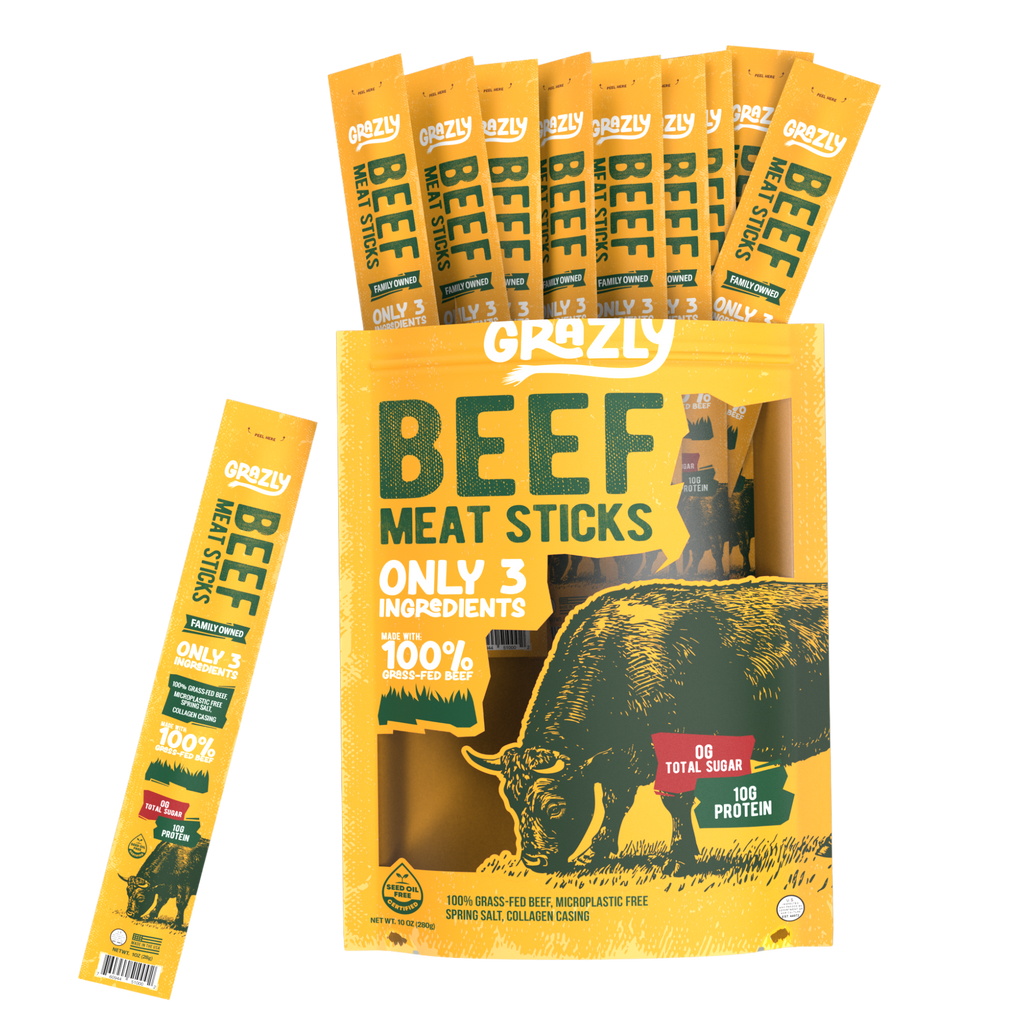 Beef meat sticks pack with yellow pouches and several stick bundles