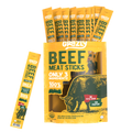 Beef meat sticks pack with yellow pouches and several stick bundles