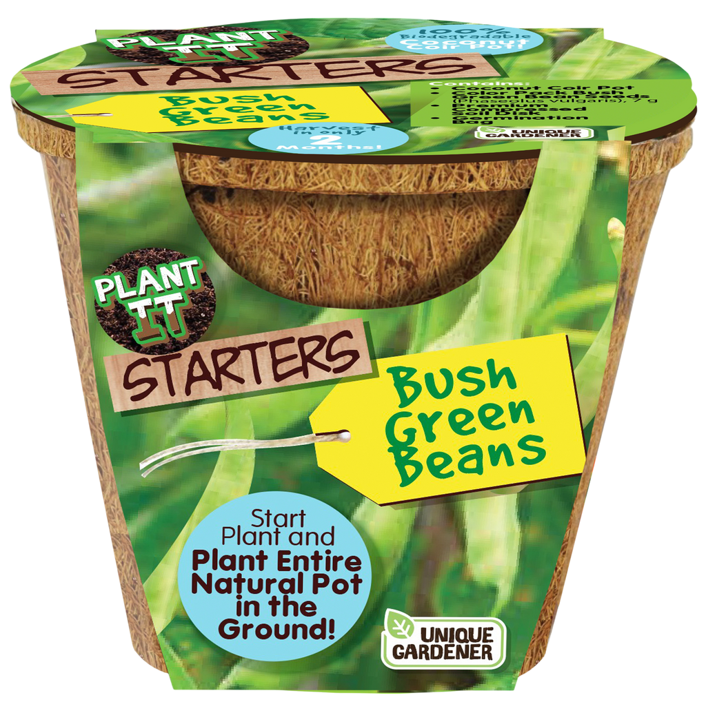 Green bean seed starter pot with printed label and biodegradable fiber cup