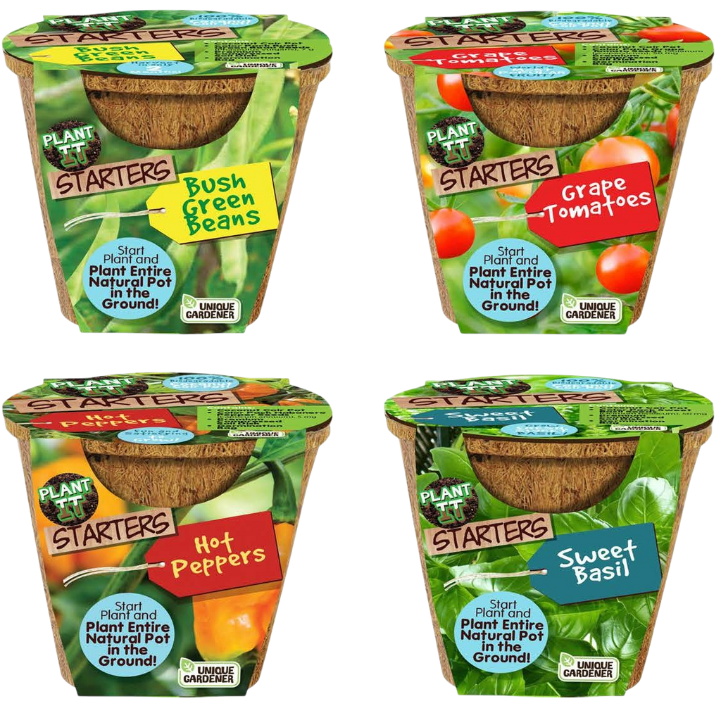 Plant-It-Starters four-variety pack with seed-starting pots for beans, tomatoes, peppers and basil