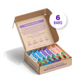 Plant-based snack bar trial pack, open cardboard box with six assorted bars inside