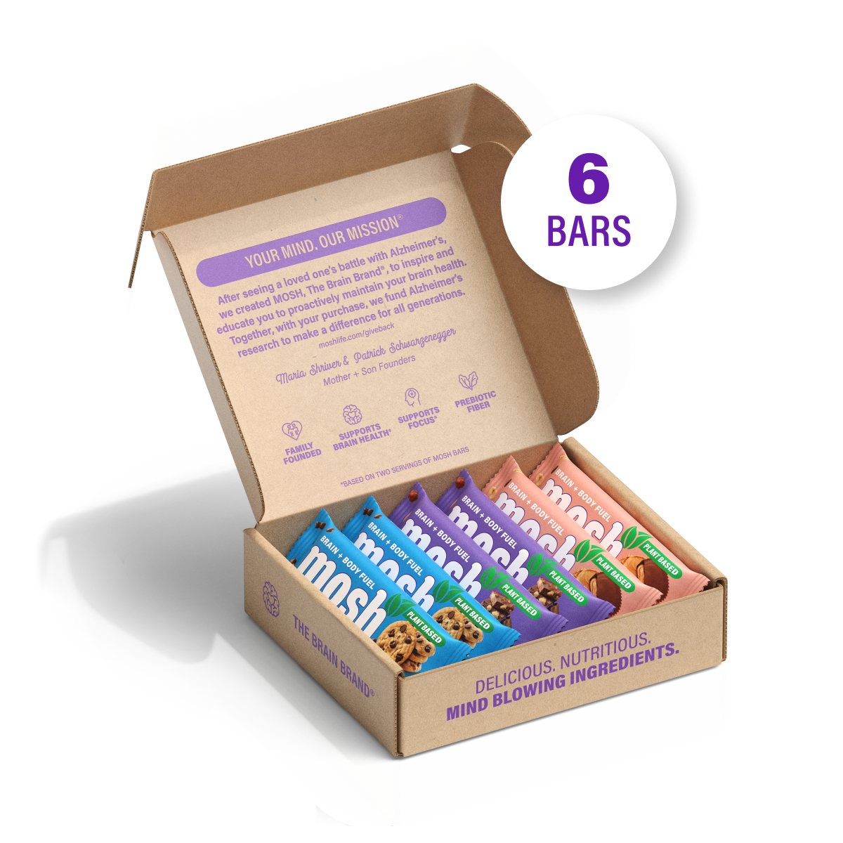 Plant-based snack bar trial pack, open cardboard box with six assorted bars inside
