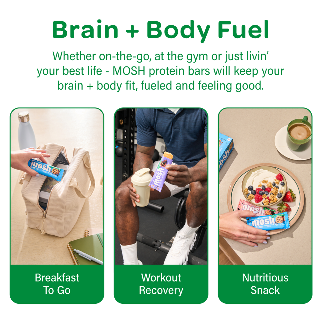 Brain + Body Fuel bar trial pack info card: Breakfast to Go, Workout Recovery, Nutritious Snack