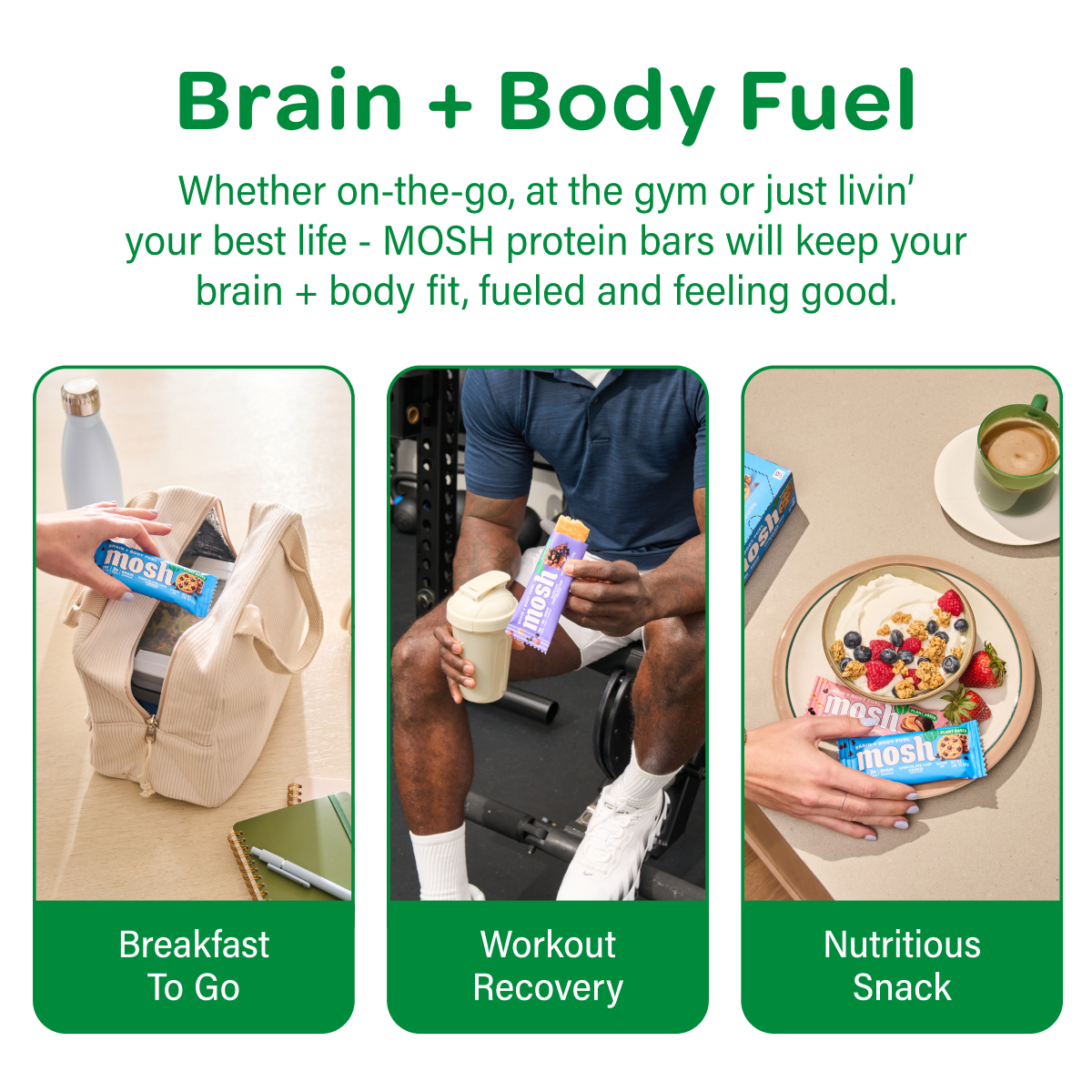 Brain + Body Fuel bar trial pack info card: Breakfast to Go, Workout Recovery, Nutritious Snack
