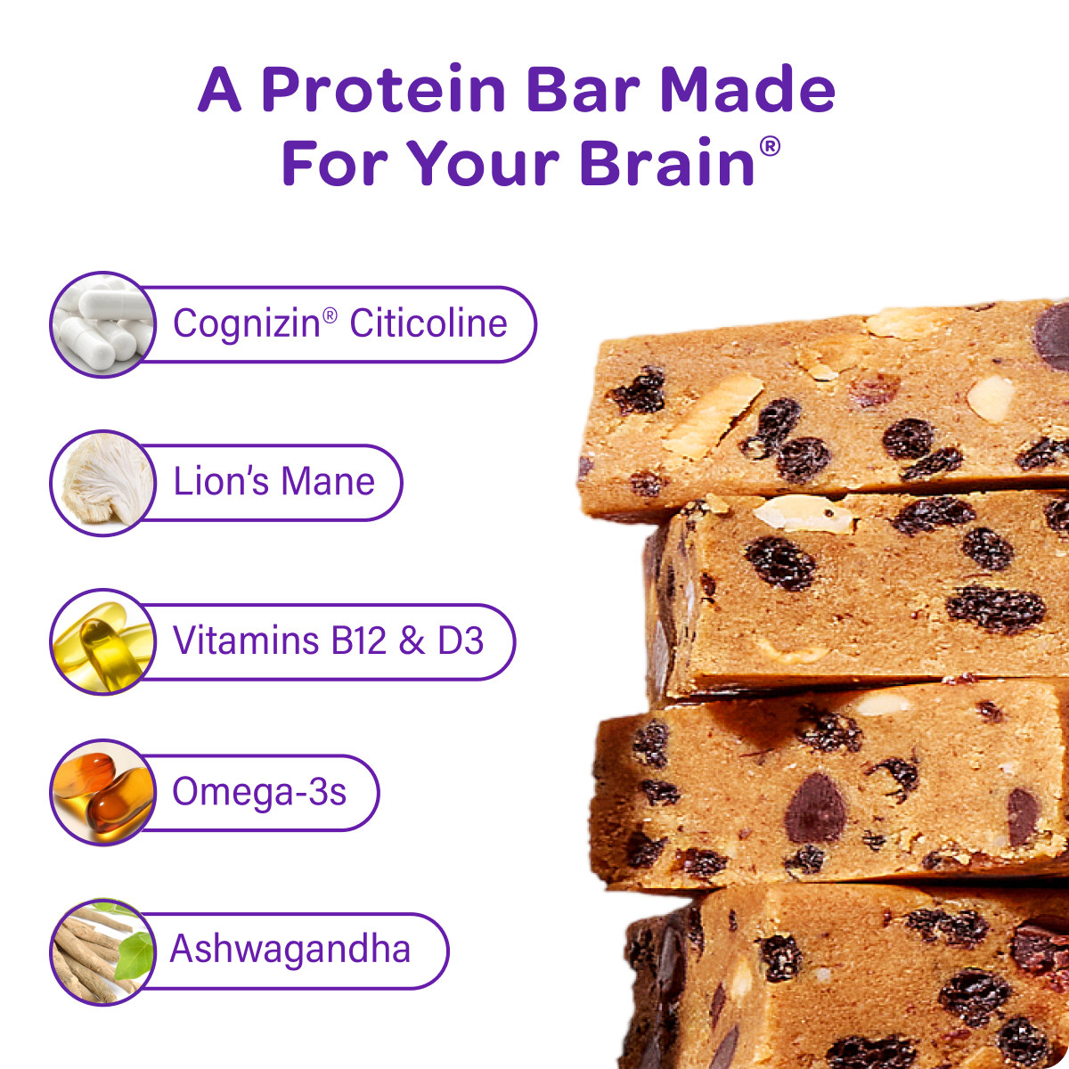 Supplement ingredient icons: Cognizin, Lion’s Mane, B12 & D3, Omega-3s