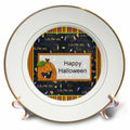 White porcelain Halloween plate with brown rim, “Happy Halloween” jack-o-lantern graphic