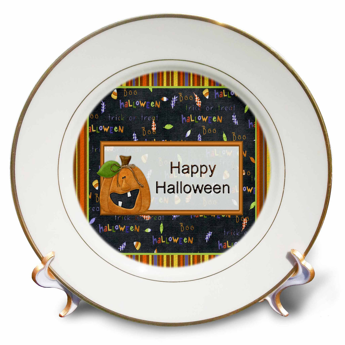 White porcelain Halloween plate with brown rim, “Happy Halloween” jack-o-lantern graphic