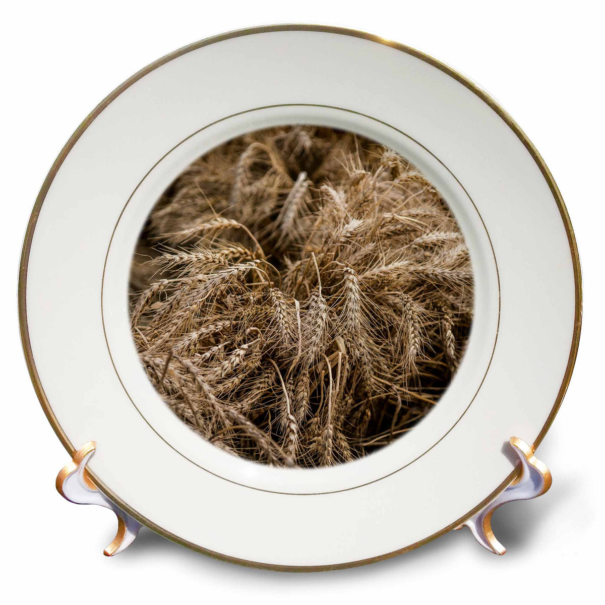 Decorative porcelain plate with wheat harvest artwork and gold-trim rim