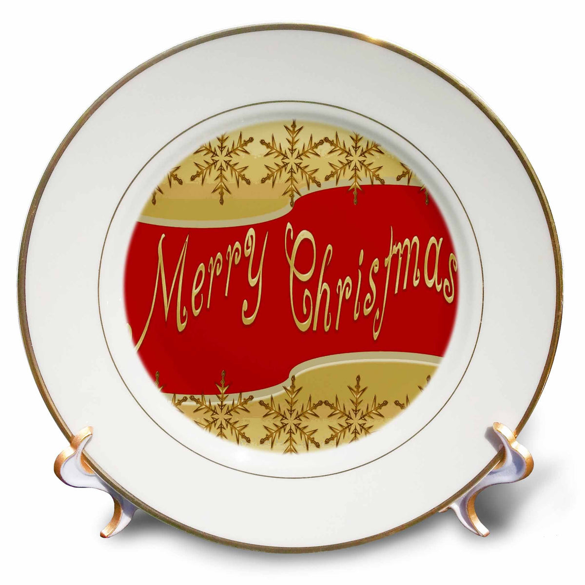 8-inch porcelain plate with gold trim, red Merry Christmas banner, and gold snowflakes