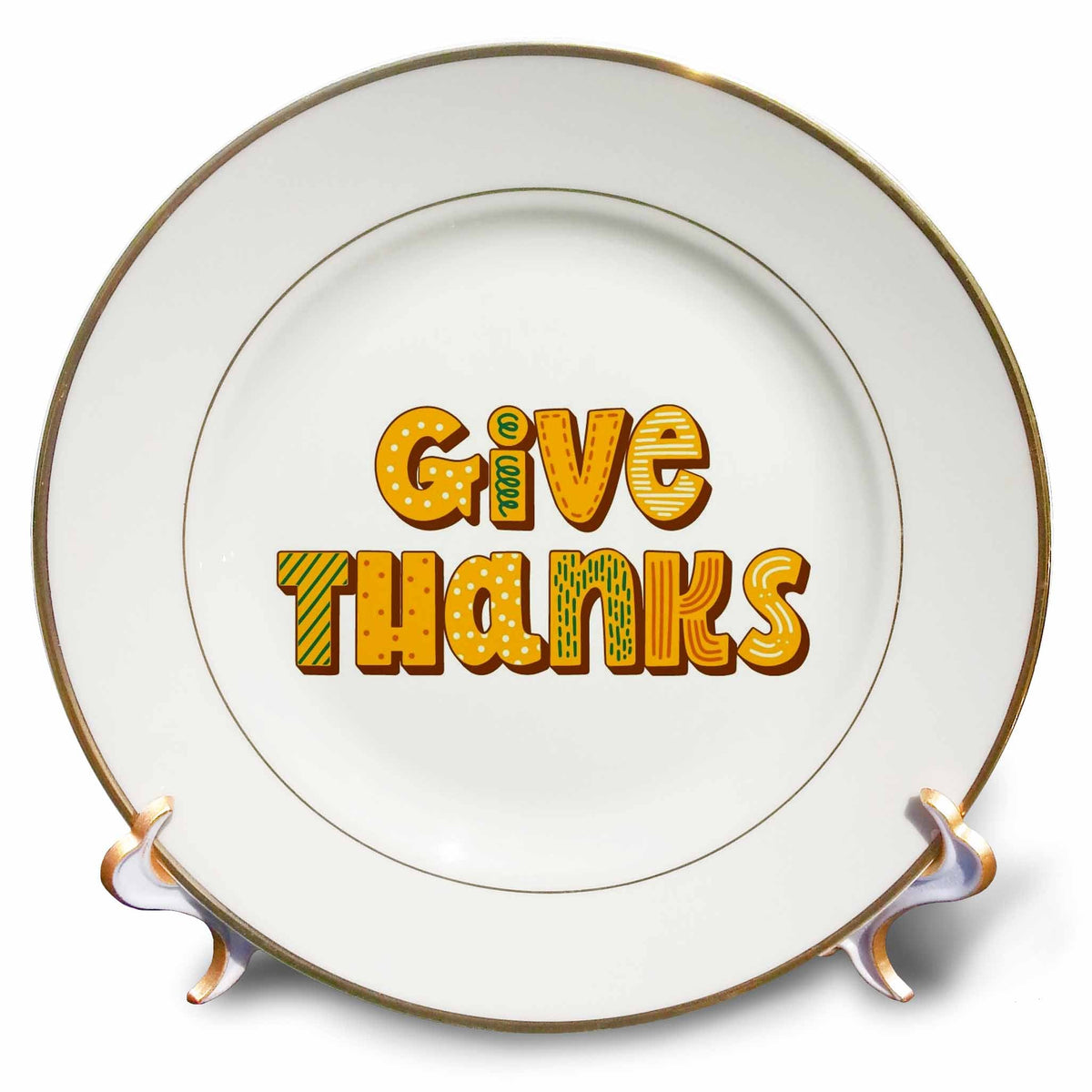 Porcelain Thanksgiving plate with 'Give Thanks' text design and gold rim