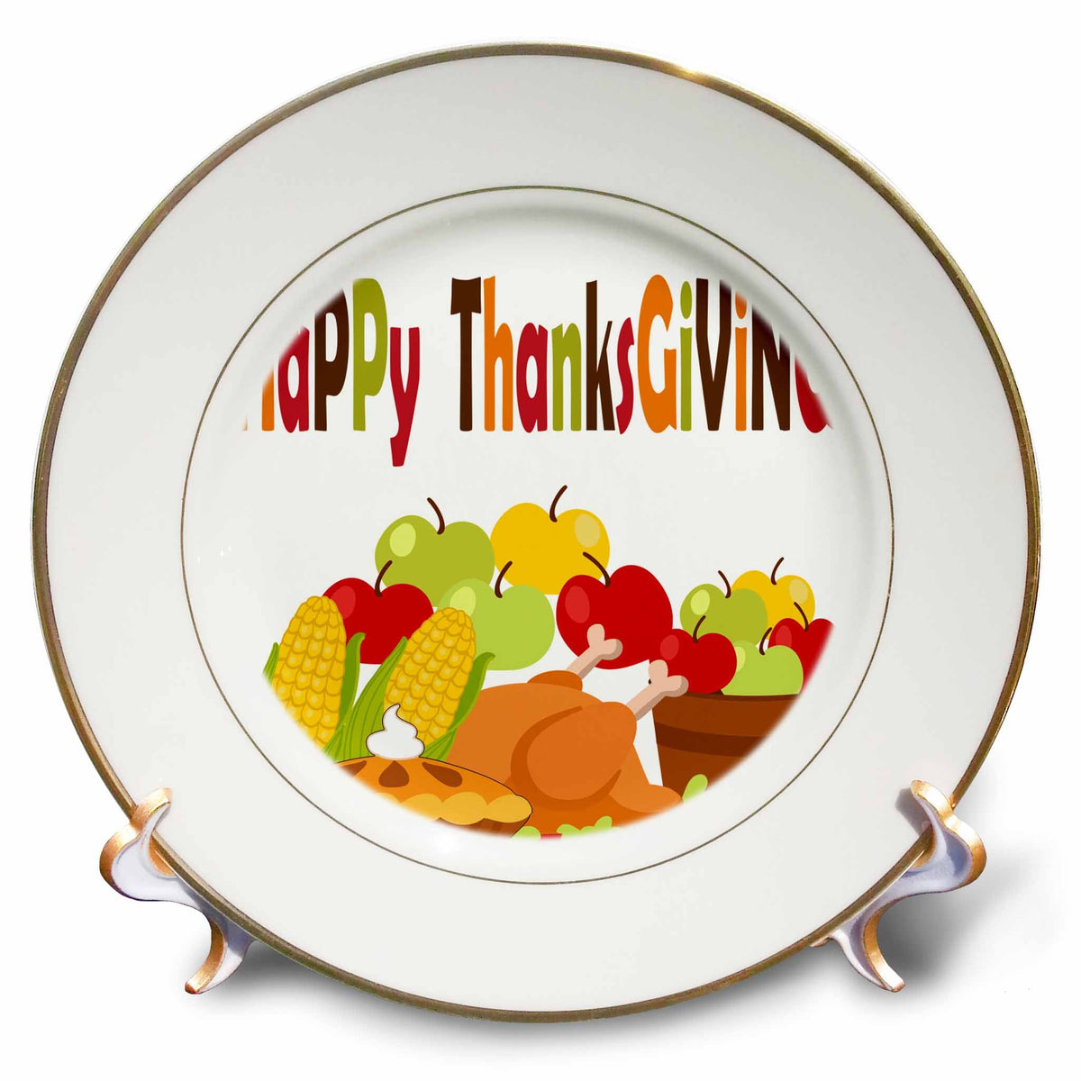 White porcelain Thanksgiving plate, gold rim, colorful turkey scene and 'Happy Thanksgiving'