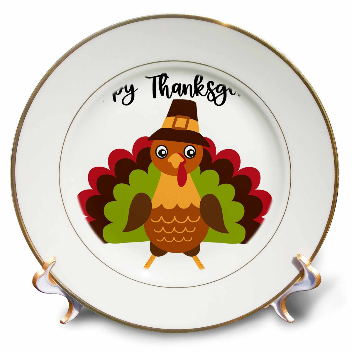 Thanksgiving porcelain plate with colorful turkey in pilgrim hat and “Happy Thanksgiving” text