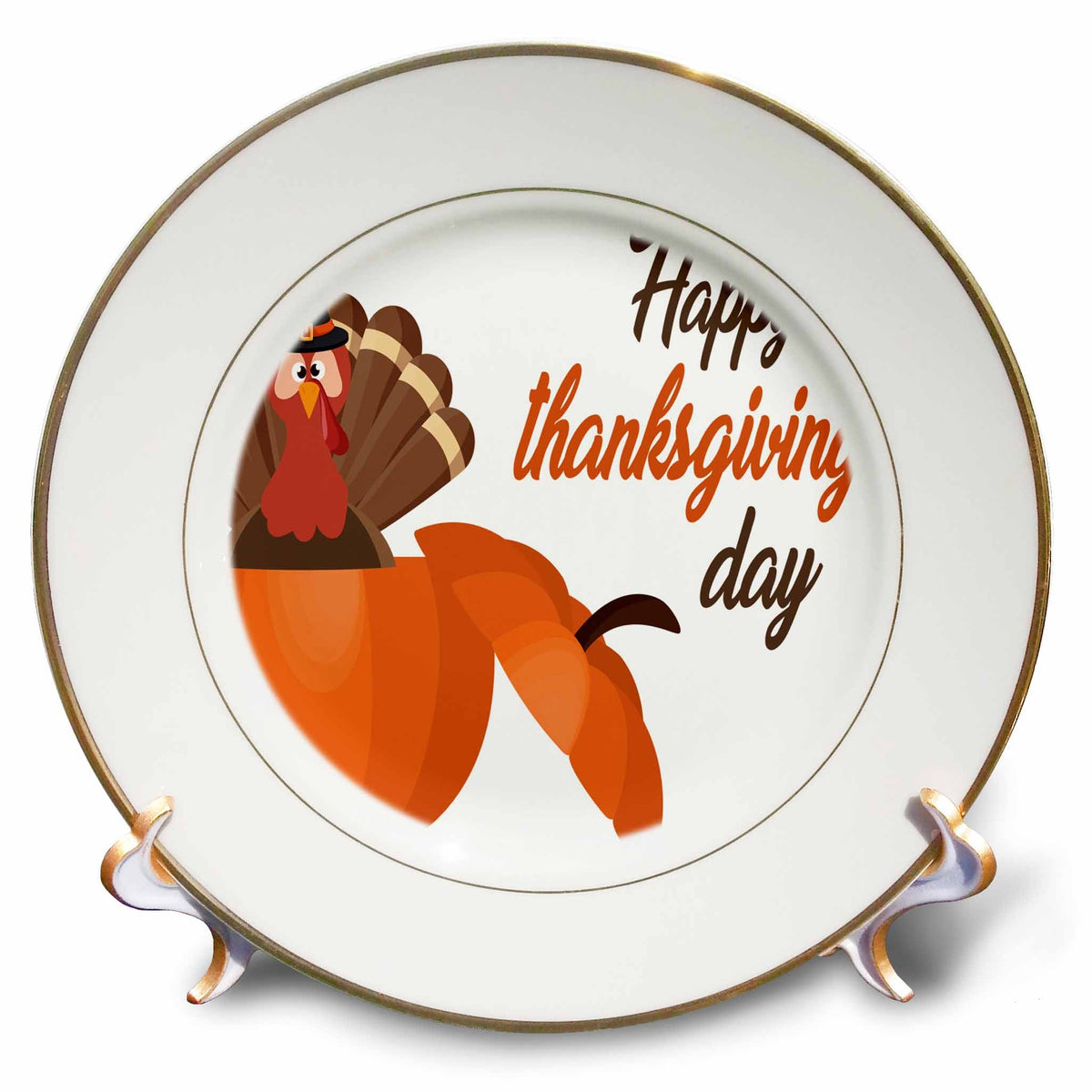 Porcelain plate with turkey and pumpkin graphic, 'Happy Thanksgiving day' text