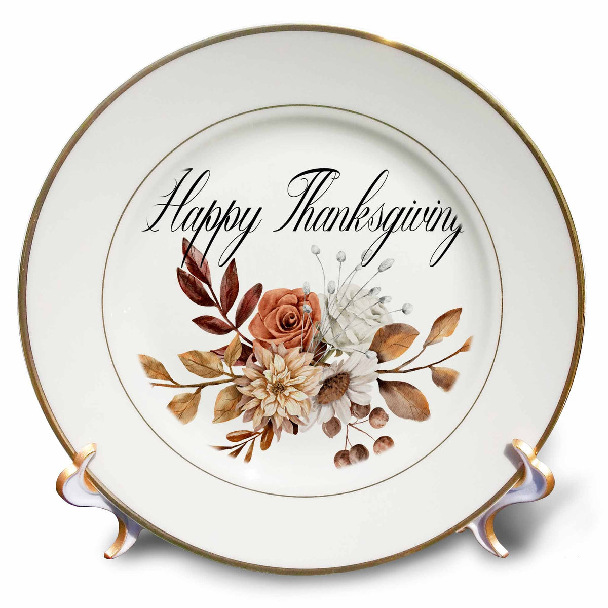 Porcelain Thanksgiving plate with Happy Thanksgiving text, autumn floral bouquet, gold rim