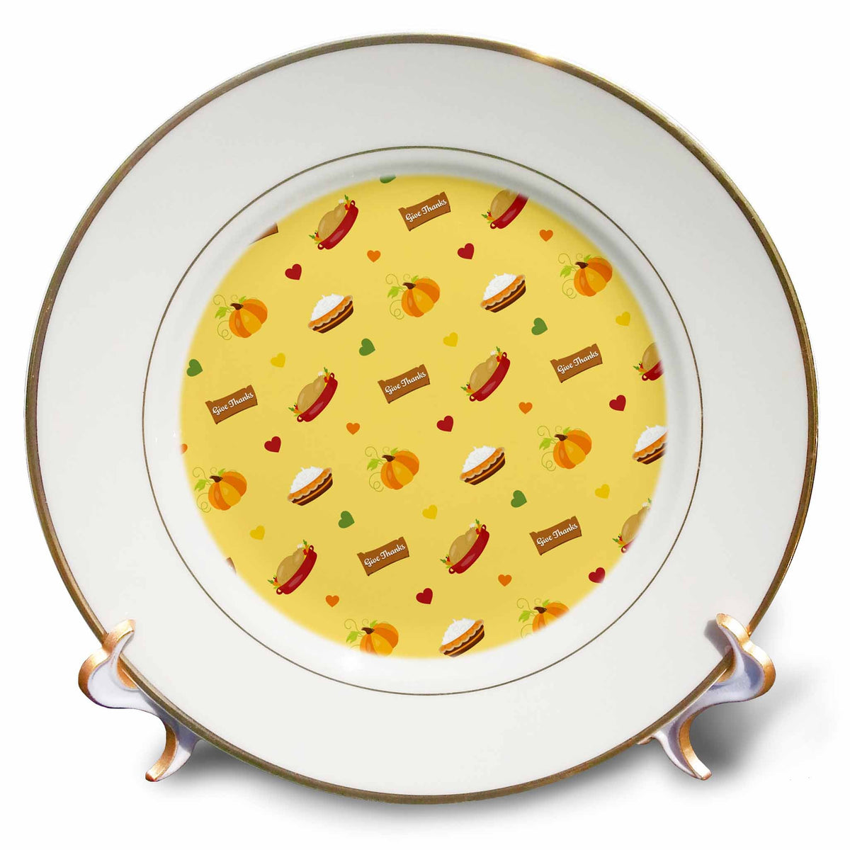 8-inch porcelain dinner plate with Thanksgiving turkey, pumpkin, and pie pattern