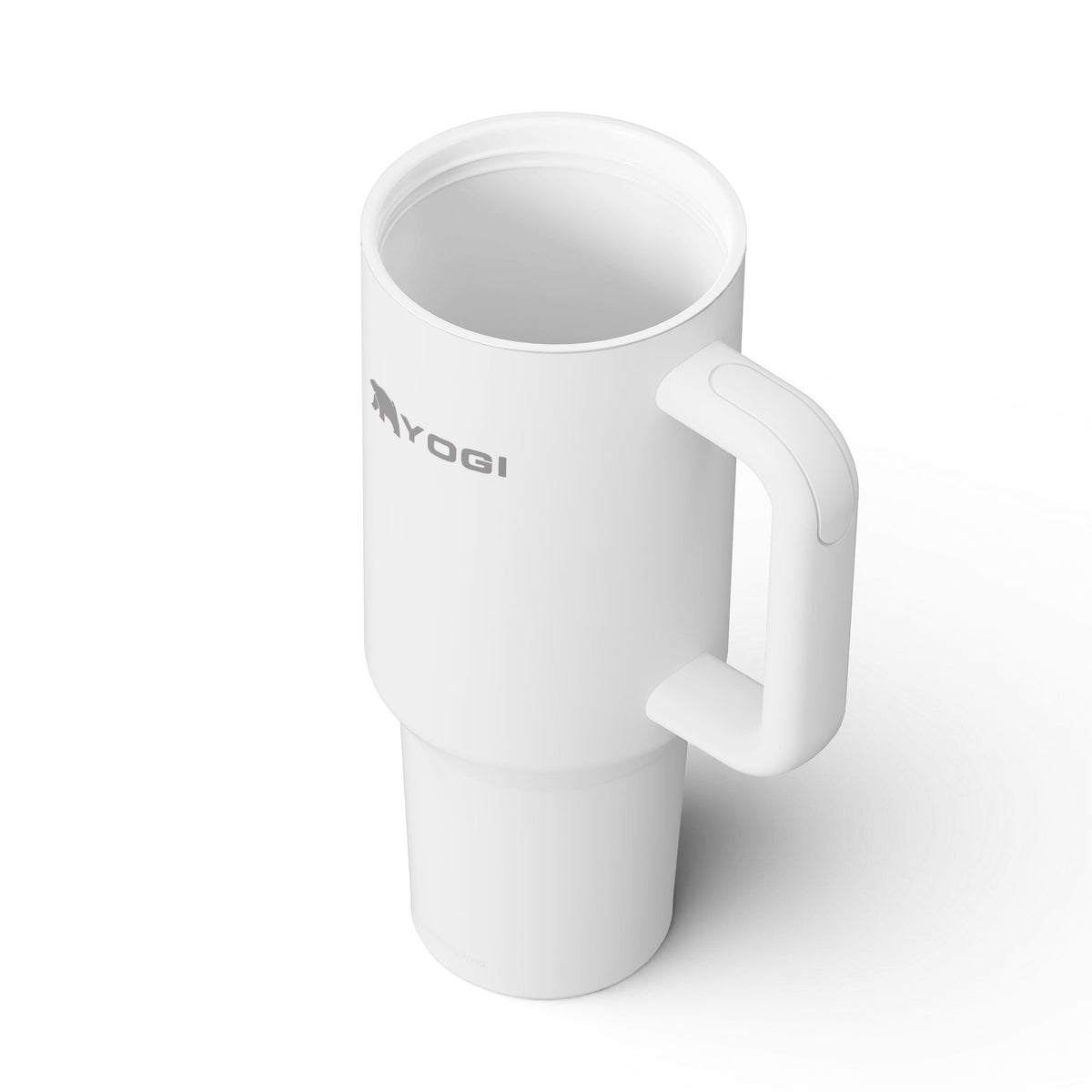 White ceramic-lined evolution tumbler with handle and clear lid, YOGI logo