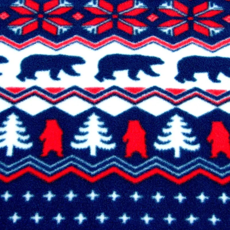Navy fleece sock fabric with polar bears, trees, stars, red and white zigzags