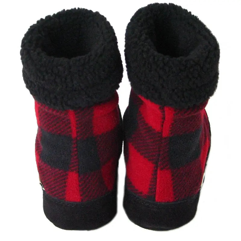 Two women’s buffalo plaid snugs shown from back with black sherpa and red-black checks