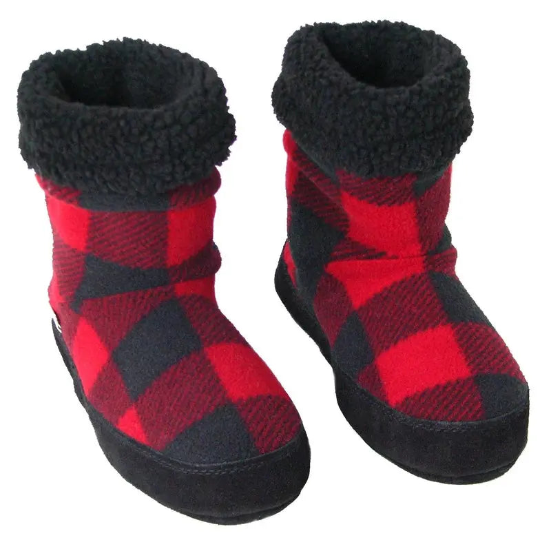 Pair of women’s buffalo plaid snugs in red and black with fuzzy sherpa tops