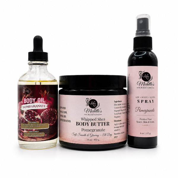 Body care gift set with body oil, whipped shea butter, and air spray—Pomegranate