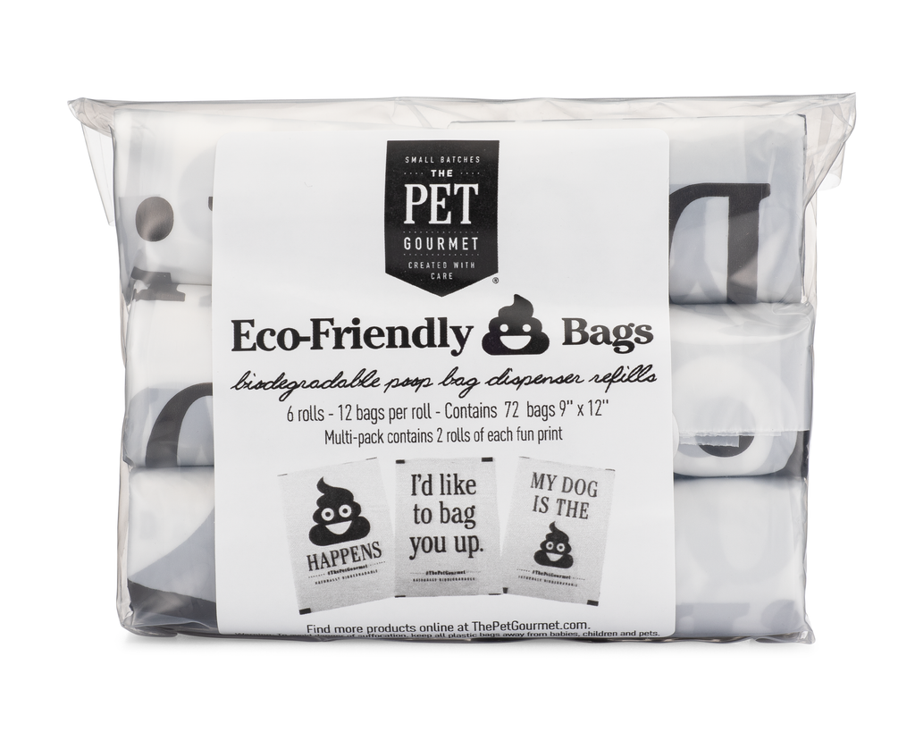 Biodegradable poop bag refill rolls in clear package with black eco-friendly branding