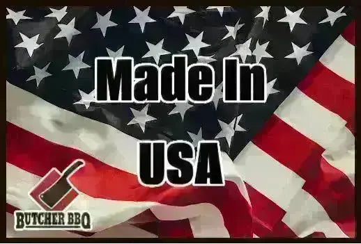 Made in USA banner with Butcher BBQ branding and small injection jar graphic.