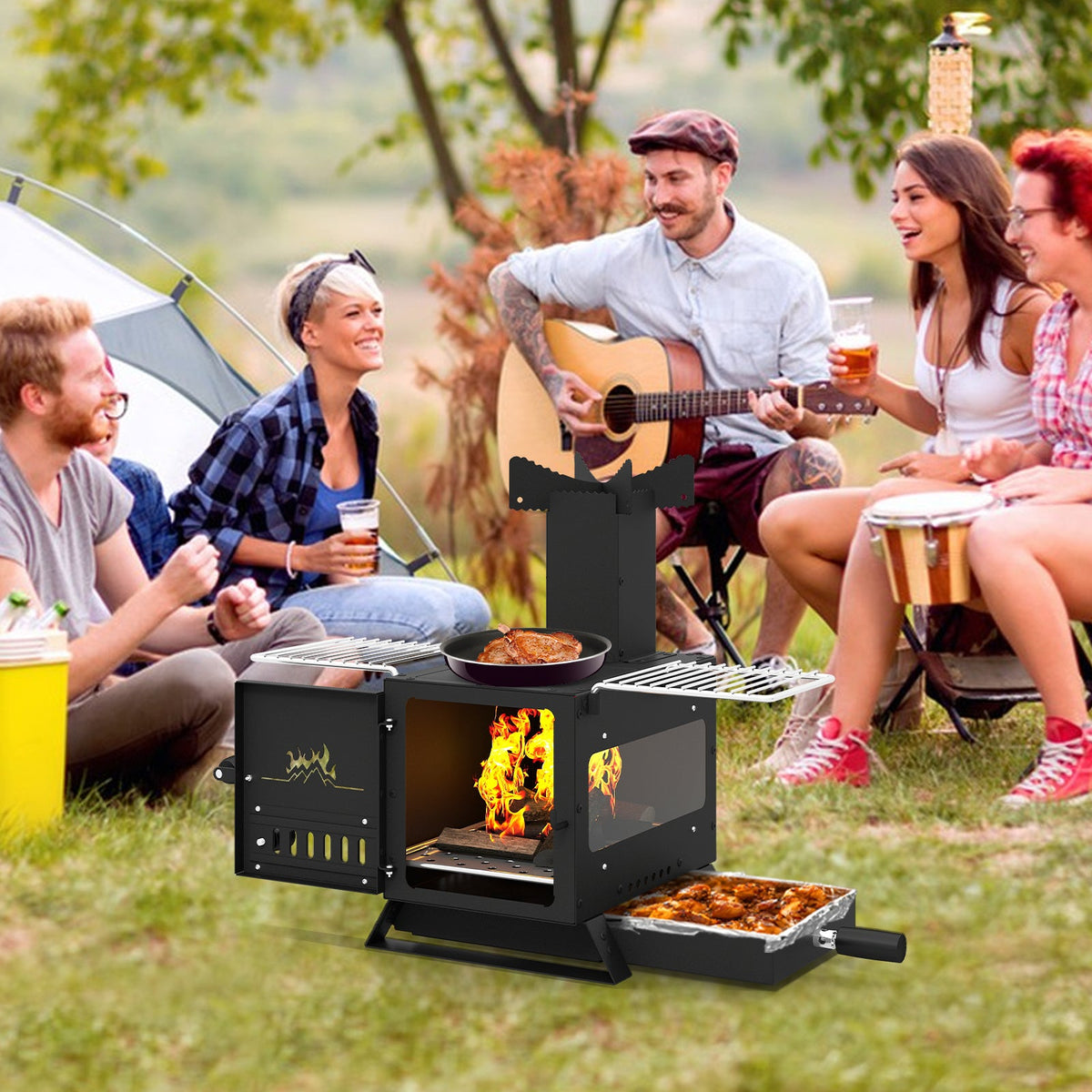 Black portable wood burning stove with pot rack, open firebox showing flames