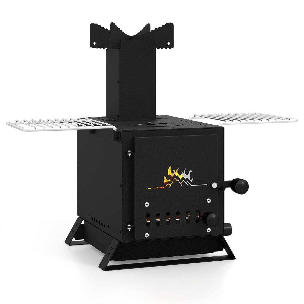 Black portable wood burning stove with pot rack, front firebox with dual side doors