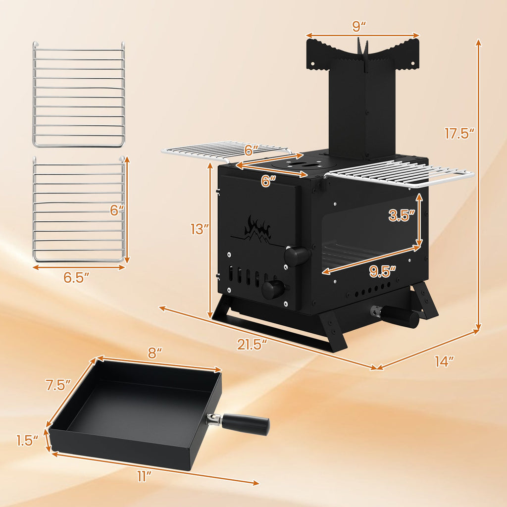 Black mini wood burning stove with pot rack, side trays and oven door shown with dimensions