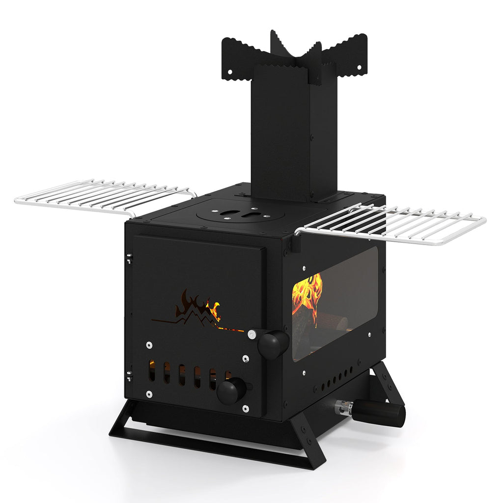 Black portable wood stove with pot rack, front window shows flames, side control knob